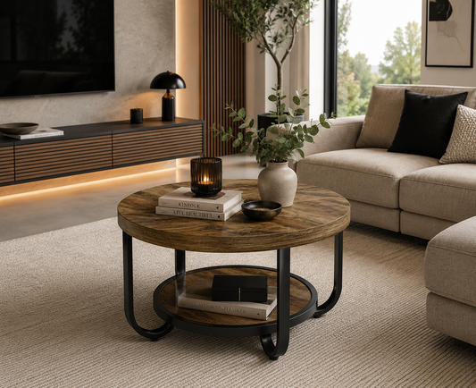 Table Basse Ronde à 2 Niveaux avec Double Rangement – Structure Métallique Courbée, 79 cm