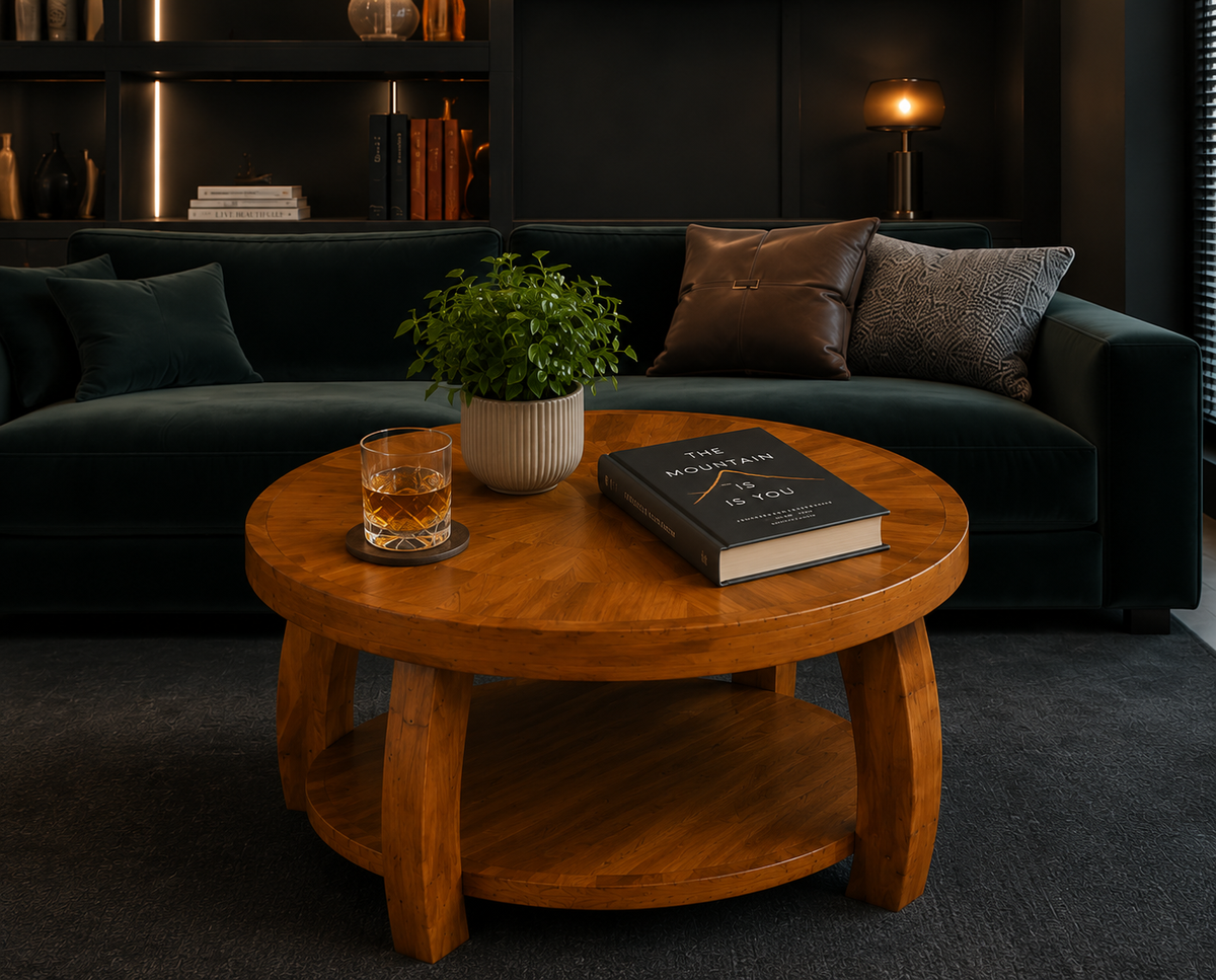Table Basse Ronde en Bois Massif avec Double Rangement â Plateau Motif MosaĂŻque, Design ĂlĂ©gant, Marron