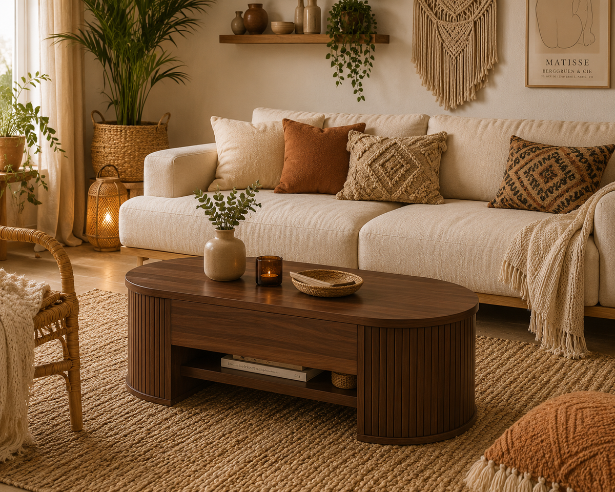 Table Basse Relevable en Noyer Naturel 110 cm – Rangement Caché et Étagère Intégrée