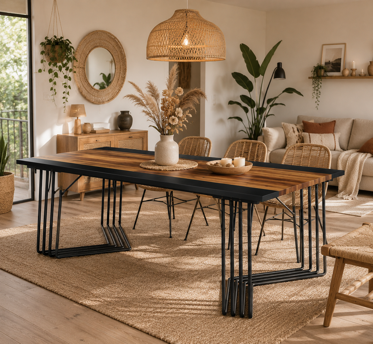 Table à Manger 200 cm – Style Industriel, Plateau Bois Brun Rustique et Structure Métallique