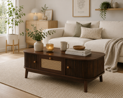 Table Basse en Rotin avec Tiroirs et Portes Coulissantes – Bois Massif 110 cm