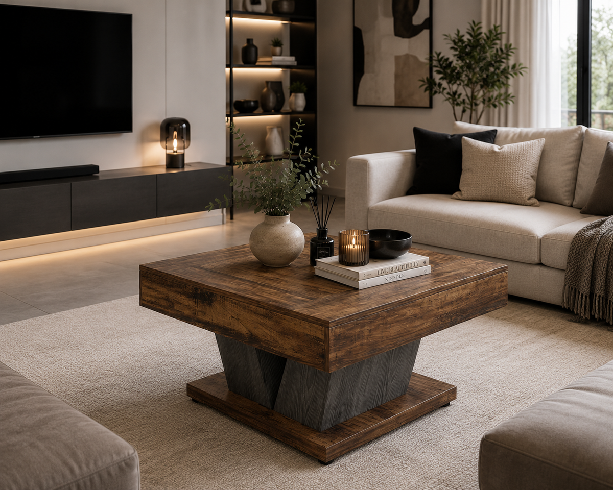 Table Basse Carrée en Bois – 80 cm, Finition Marron Rustique et Noir, Style Industriel