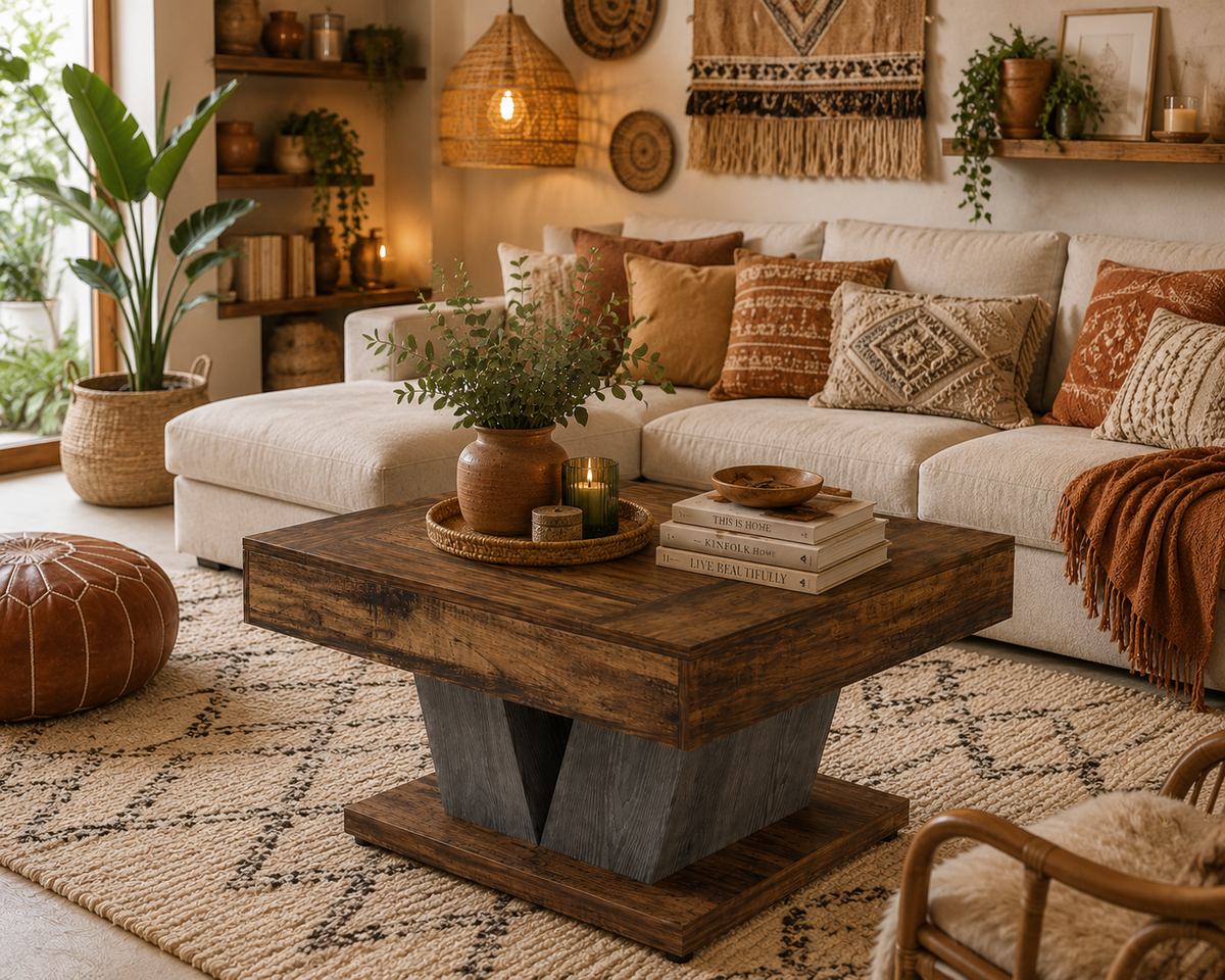 Table Basse Carrée en Bois – 80 cm, Finition Marron Rustique et Noir, Style Industriel