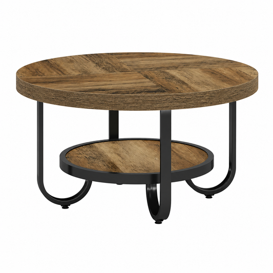 Table Basse Ronde à 2 Niveaux avec Double Rangement – Structure Métallique Courbée, 79 cm