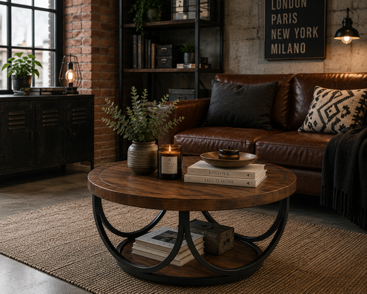 Table Basse Ronde en Bois – 80 cm, Double Plateau de Rangement et Piètement Métallique Élégant