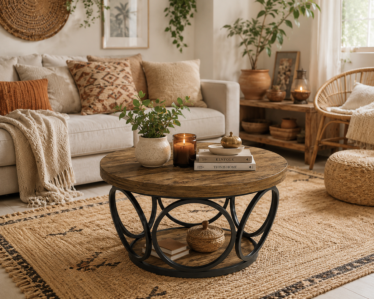 Table Basse Ronde en Bois – 80 cm, Double Plateau de Rangement, Style Rustique Chic