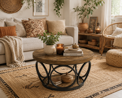 Table Basse Ronde en Bois – 80 cm, Double Plateau de Rangement, Style Rustique Chic