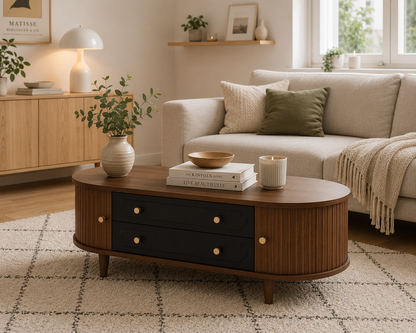 Table Basse Moderne en Noyer Noir 100 cm avec 2 Tiroirs et Porte à Volet Roulant