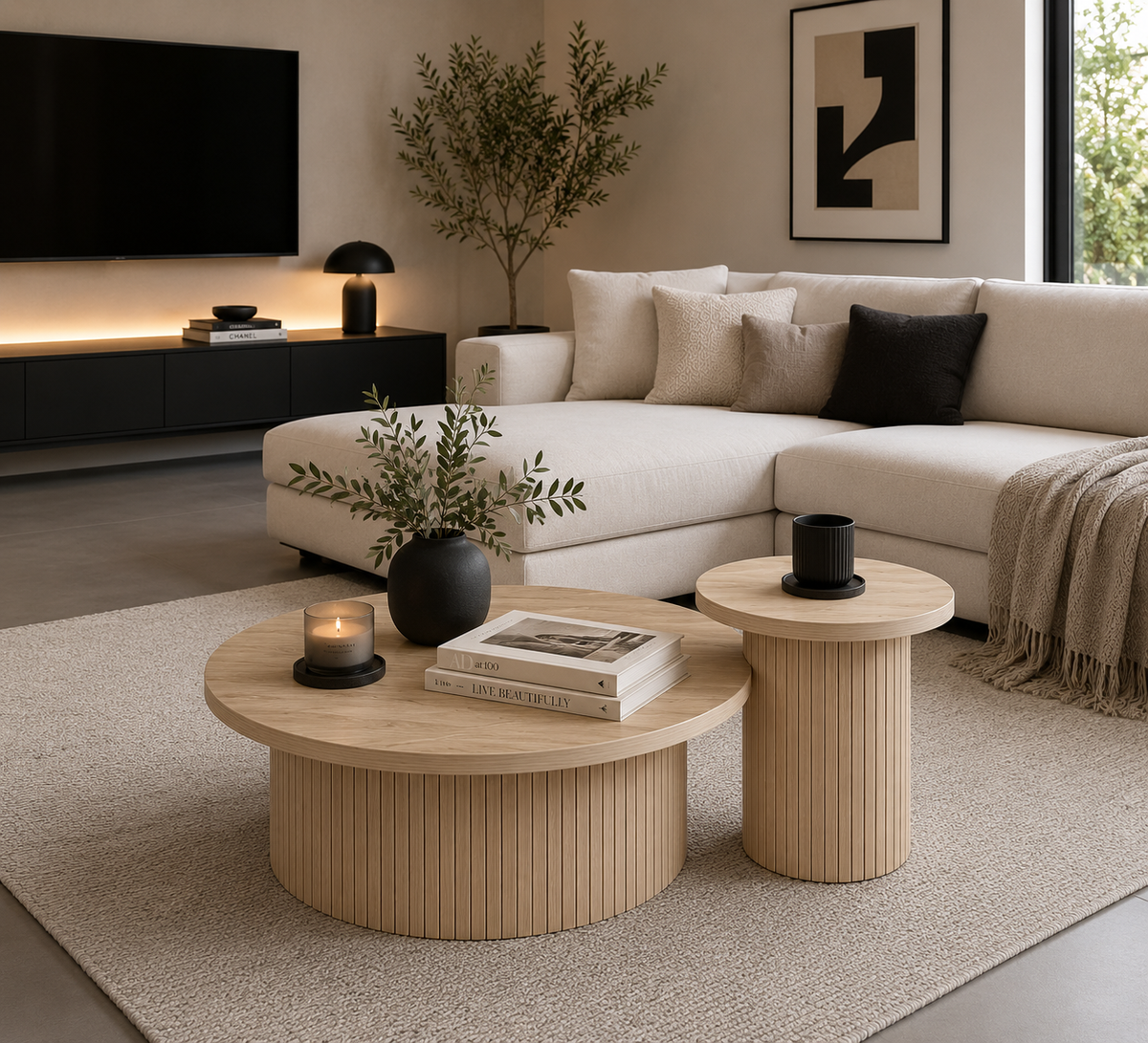 Table Basse Gigogne Double Ronde en Bois Naturel – Design à Lattes pour Salon