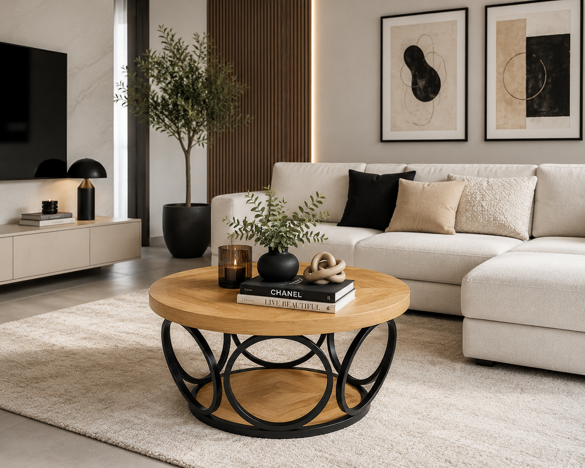 Table Basse Ronde en Bois – 80 cm, Double Plateau de Rangement, Style Rustique Chic