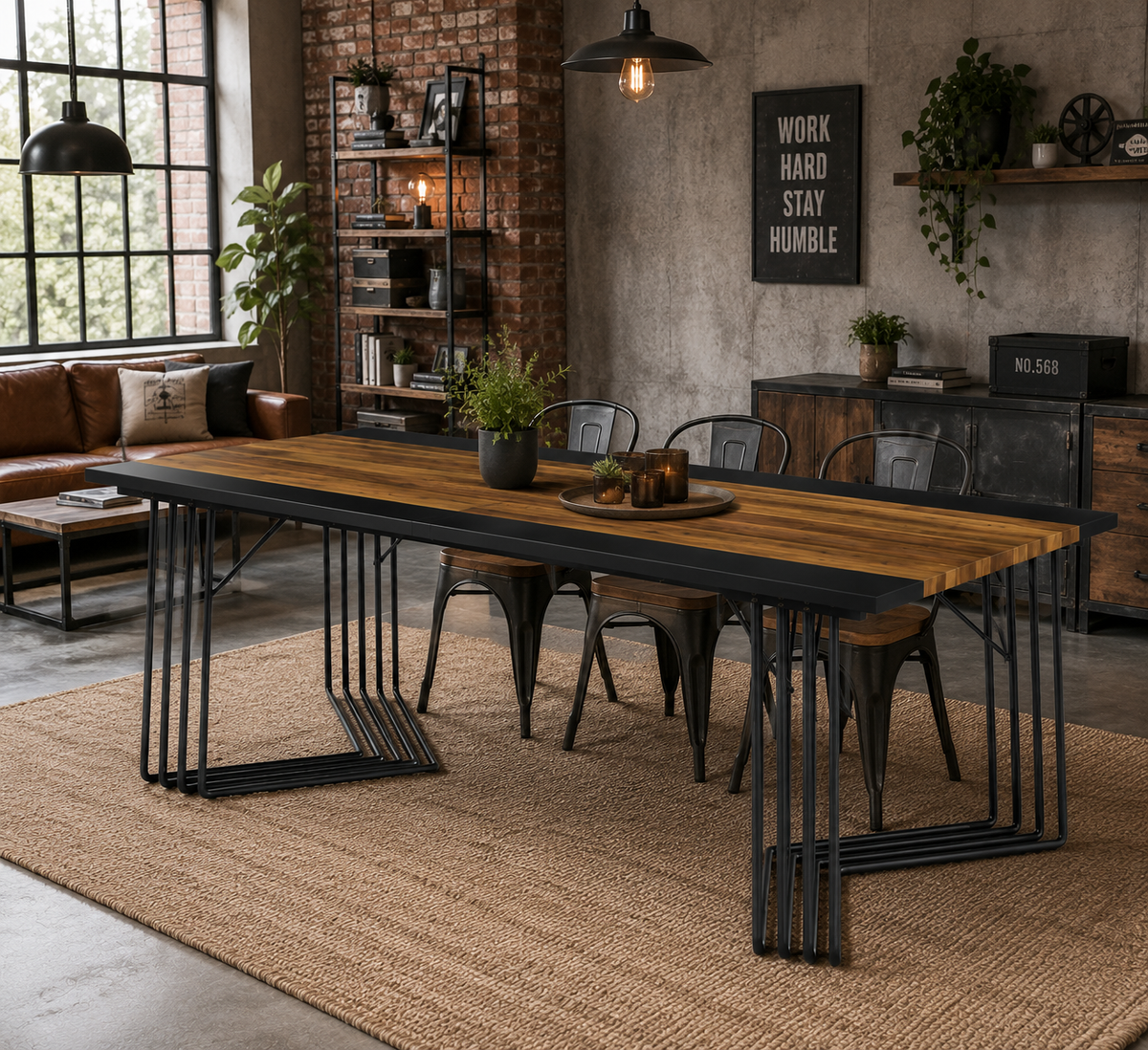 Table à Manger 200 cm – Style Industriel, Plateau Bois Brun Rustique et Structure Métallique
