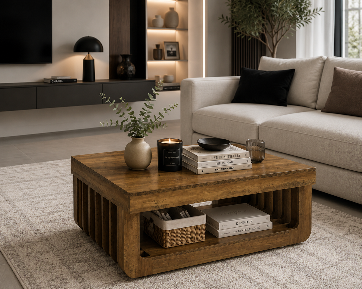 Table Basse Rectangulaire en Bois – 120 cm, Double Niveau de Rangement, Style Contemporain