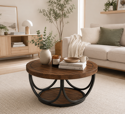 Table Basse Ronde en Bois – 80 cm, Double Plateau de Rangement et Piètement Métallique Élégant