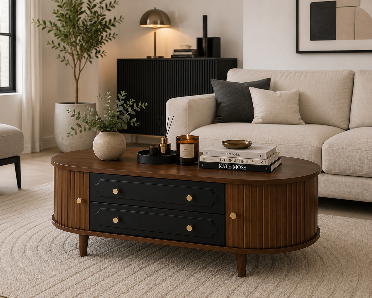 Table Basse Moderne en Noyer Noir 100 cm avec 2 Tiroirs et Porte à Volet Roulant