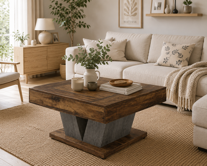 Table Basse Carrée en Bois – 80 cm, Finition Marron Rustique et Noir, Style Industriel