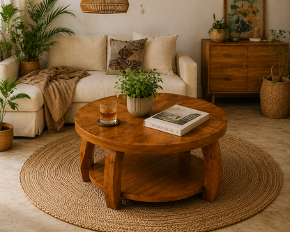 Table Basse Ronde en Bois Massif avec Double Rangement – Plateau Motif Mosaïque, Design Élégant, Marron