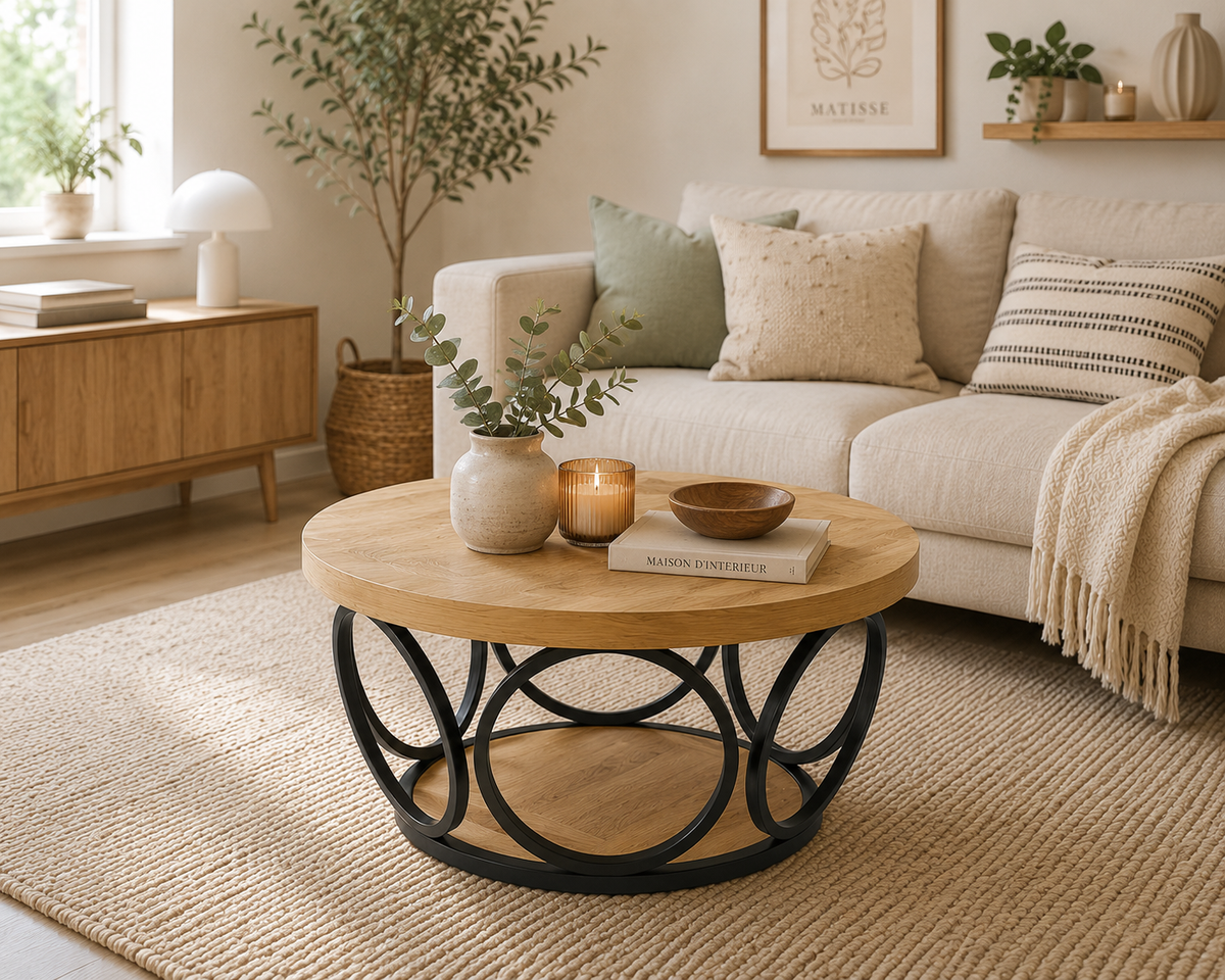 Table Basse Ronde en Bois – 80 cm, Double Plateau de Rangement, Style Rustique Chic
