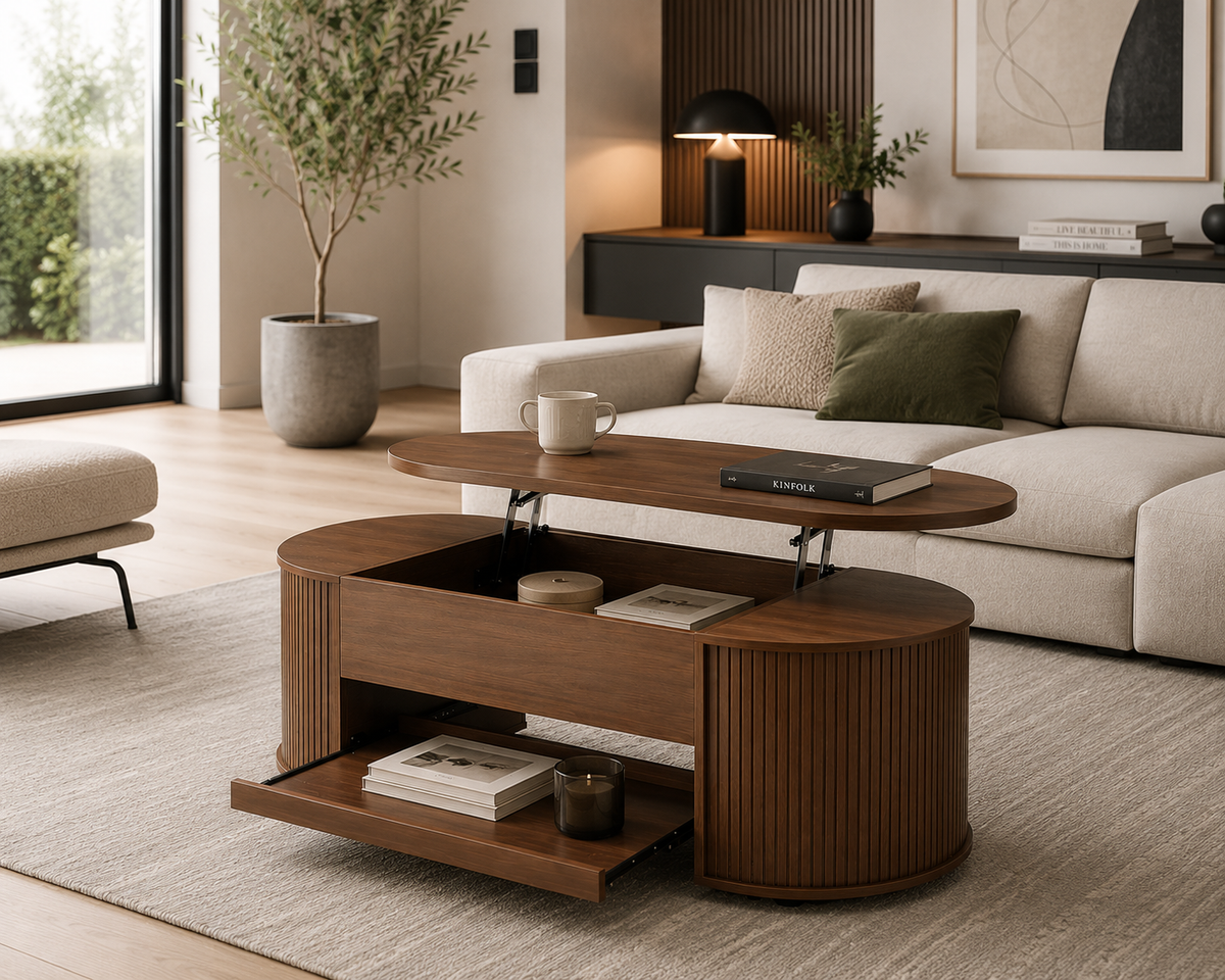 Table Basse Relevable en Noyer Naturel 110 cm – Rangement Caché et Étagère Intégrée