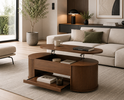 Table Basse Relevable en Noyer Naturel 110 cm – Rangement Caché et Étagère Intégrée