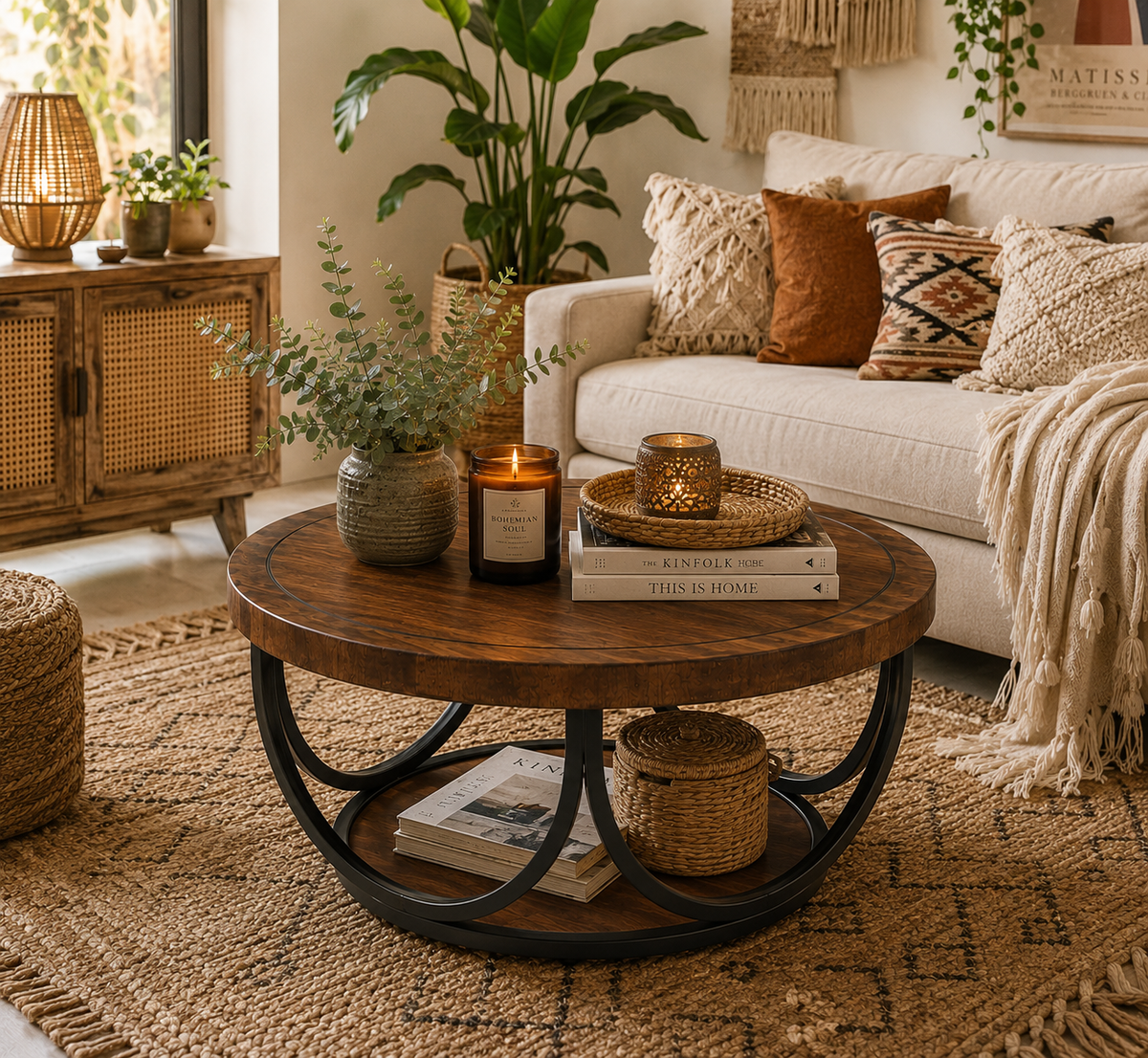 Table Basse Ronde en Bois – 80 cm, Double Plateau de Rangement et Piètement Métallique Élégant