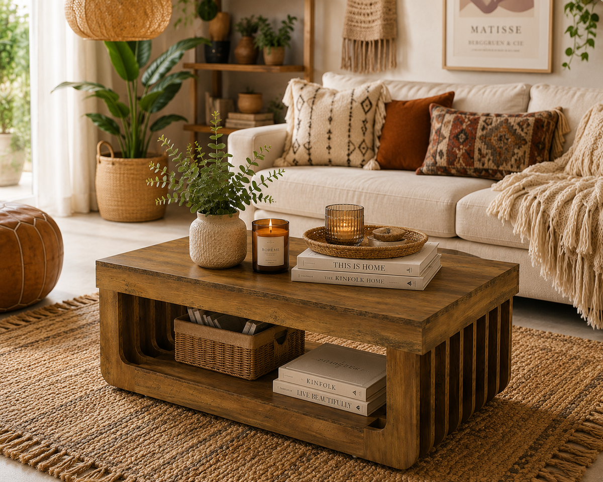 Table Basse Rectangulaire en Bois – 120 cm, Double Niveau de Rangement, Style Contemporain