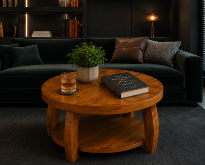 Table Basse Ronde en Bois Massif avec Double Rangement – Plateau Motif Mosaïque, Design Élégant, Marron