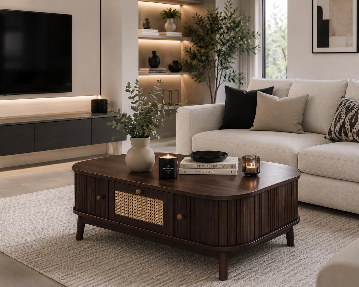 Table Basse en Rotin avec Tiroirs et Portes Coulissantes – Bois Massif 110 cm