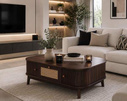 Table Basse en Rotin avec Tiroirs et Portes Coulissantes – Bois Massif 110 cm