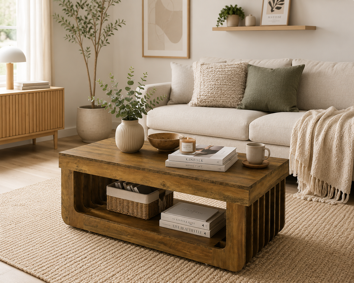 Table Basse Rectangulaire en Bois – 120 cm, Double Niveau de Rangement, Style Contemporain