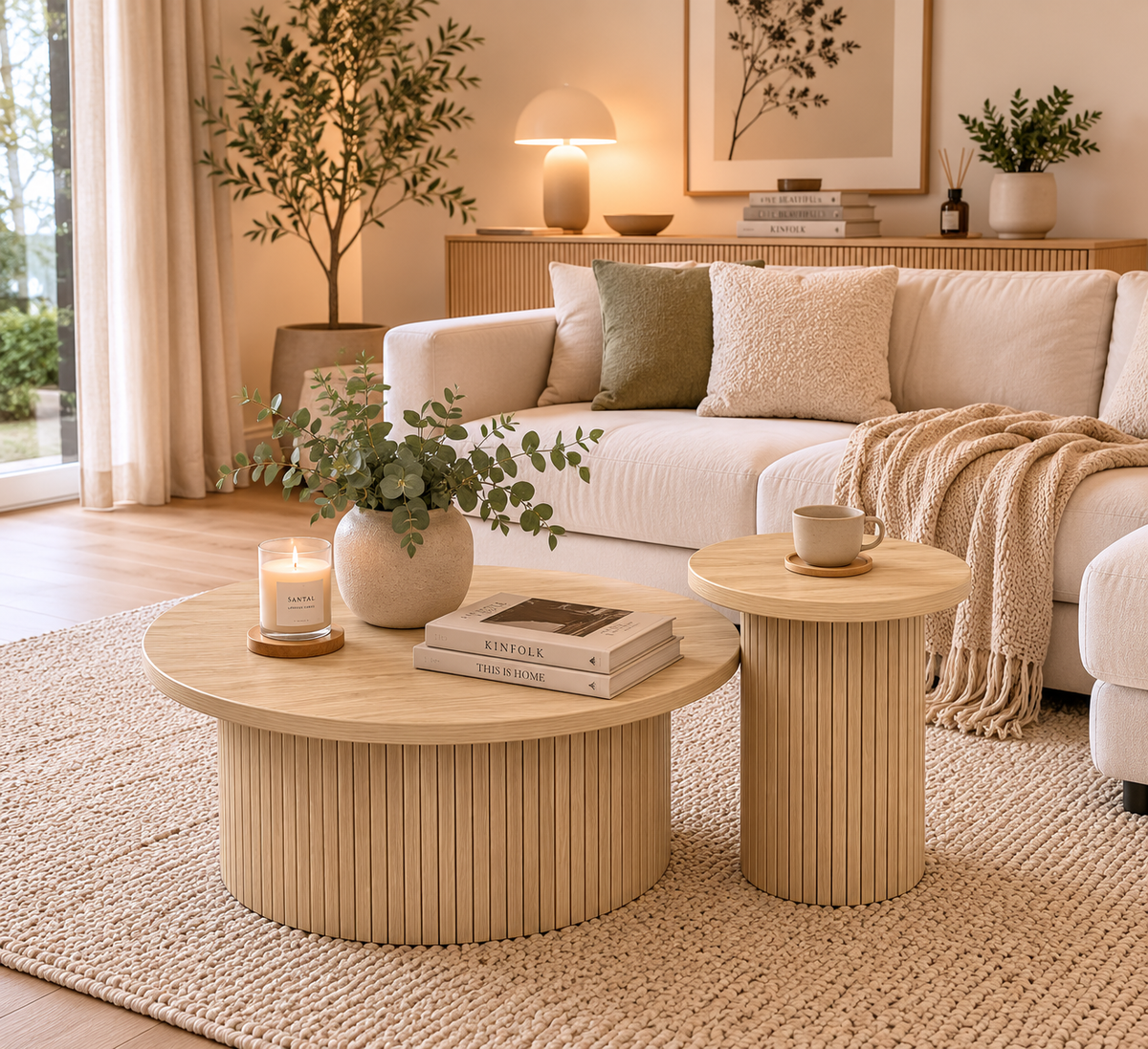 Table Basse Gigogne Double Ronde en Bois Naturel – Design à Lattes pour Salon