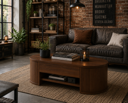 Table Basse Relevable en Noyer Naturel 110 cm – Rangement Caché et Étagère Intégrée
