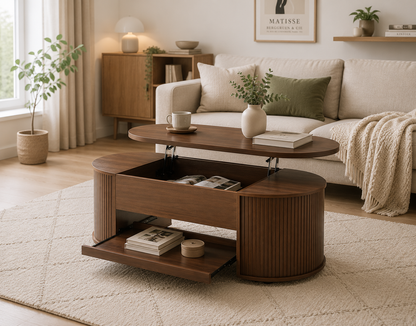 Table Basse Relevable en Noyer Naturel 110 cm – Rangement Caché et Étagère Intégrée