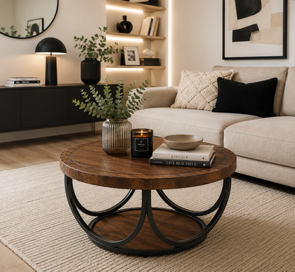 Table Basse Ronde en Bois – 80 cm, Double Plateau de Rangement et Piètement Métallique Élégant