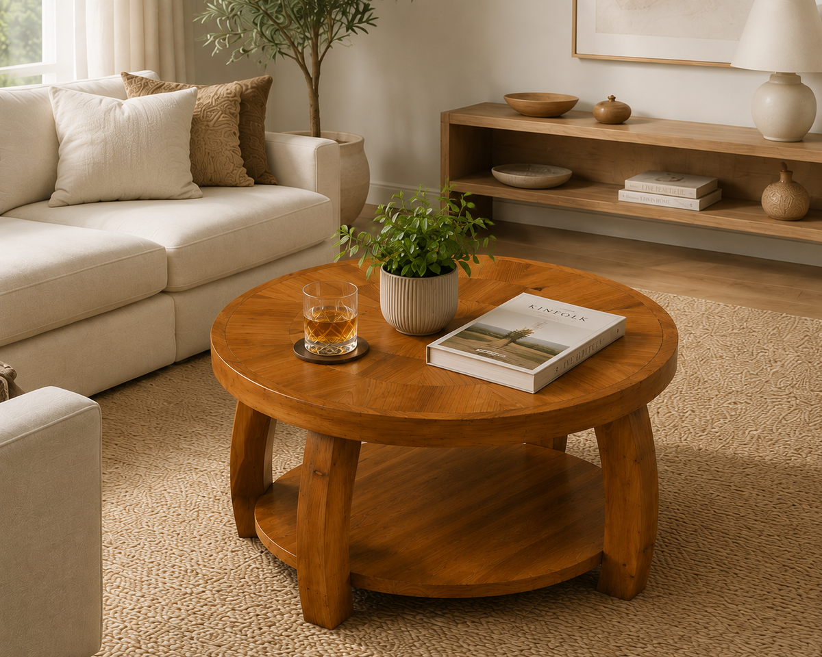 Table Basse Ronde en Bois Massif avec Double Rangement – Plateau Motif Mosaïque, Design Élégant, Marron