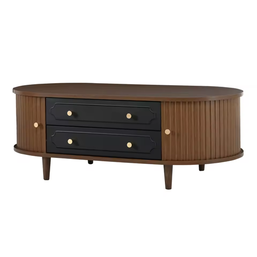 Table Basse Moderne en Noyer Noir 100 cm avec 2 Tiroirs et Porte à Volet Roulant
