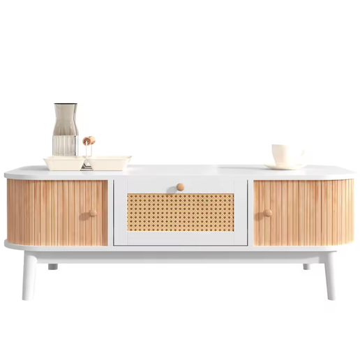 Table Basse en Rotin avec Tiroirs et Portes Coulissantes – Bois Massif 110 cm