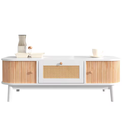 Table Basse en Rotin avec Tiroirs et Portes Coulissantes – Bois Massif 110 cm