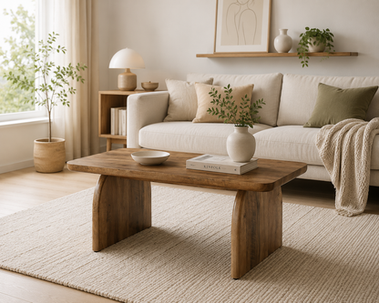 Table Basse Rectangulaire en Bois – 120 cm, Style Campagne Chic et Piètement Robuste