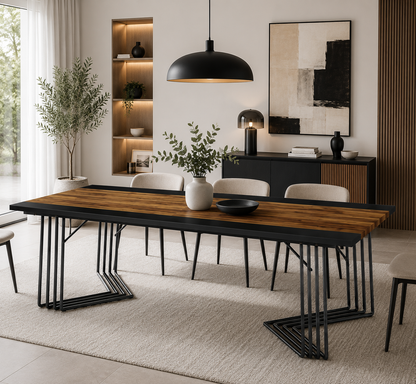Table à Manger 200 cm – Style Industriel, Plateau Bois Brun Rustique et Structure Métallique