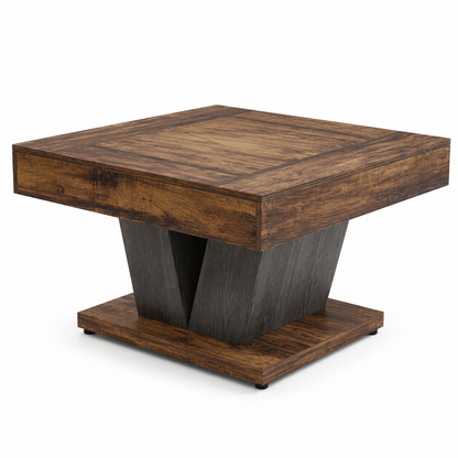 Table Basse Carrée en Bois – 80 cm, Finition Marron Rustique et Noir, Style Industriel