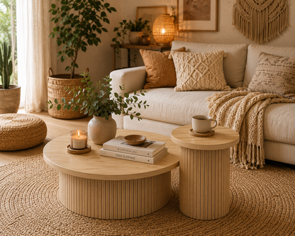 Table Basse Gigogne Double Ronde en Bois Naturel – Design à Lattes pour Salon