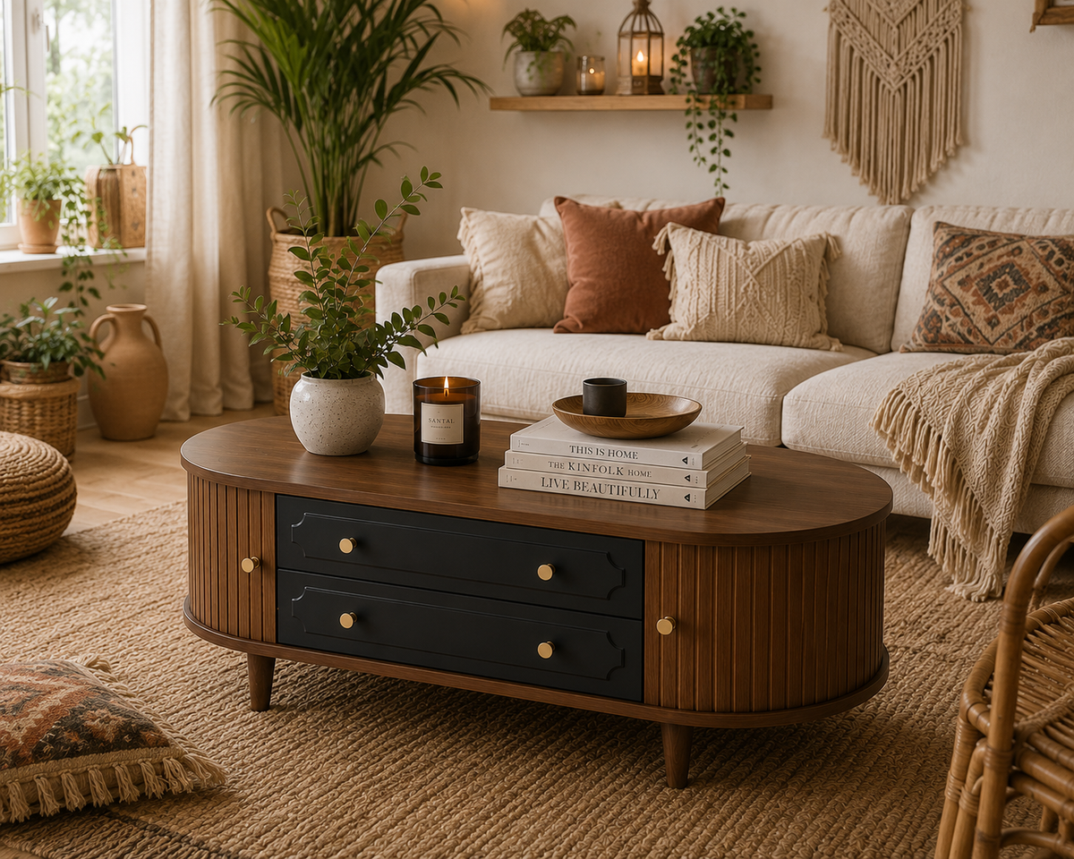 Table Basse Moderne en Noyer Noir 100 cm avec 2 Tiroirs et Porte à Volet Roulant