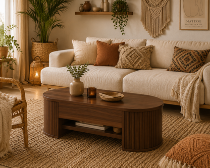 Table Basse Relevable en Noyer Naturel 110 cm – Rangement Caché et Étagère Intégrée