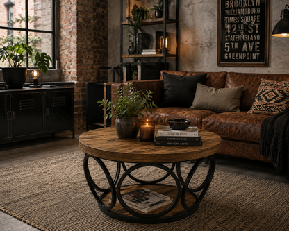 Table Basse Ronde en Bois – 80 cm, Double Plateau de Rangement, Style Rustique Chic