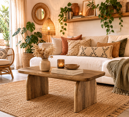 Table Basse Rectangulaire en Bois – 120 cm, Style Campagne Chic et Piètement Robuste