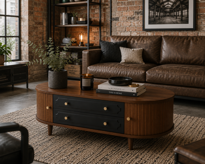 Table Basse Moderne en Noyer Noir 100 cm avec 2 Tiroirs et Porte à Volet Roulant