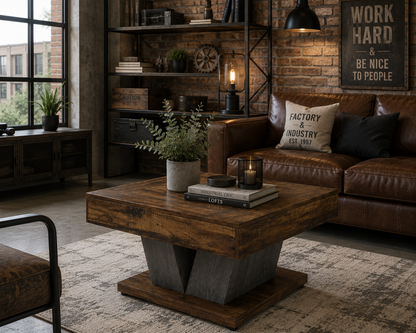 Table Basse Carrée en Bois – 80 cm, Finition Marron Rustique et Noir, Style Industriel
