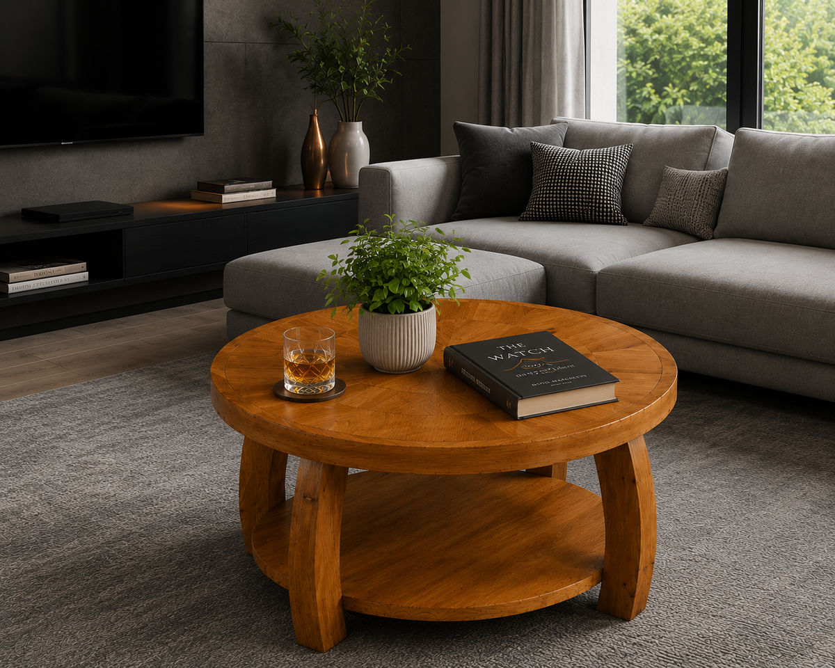 Table Basse Ronde en Bois Massif avec Double Rangement – Plateau Motif Mosaïque, Design Élégant, Marron