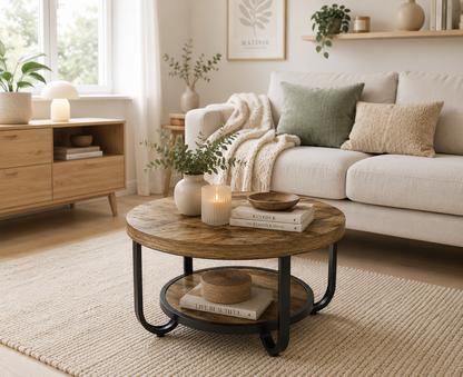 Table Basse Ronde à 2 Niveaux avec Double Rangement – Structure Métallique Courbée, 79 cm