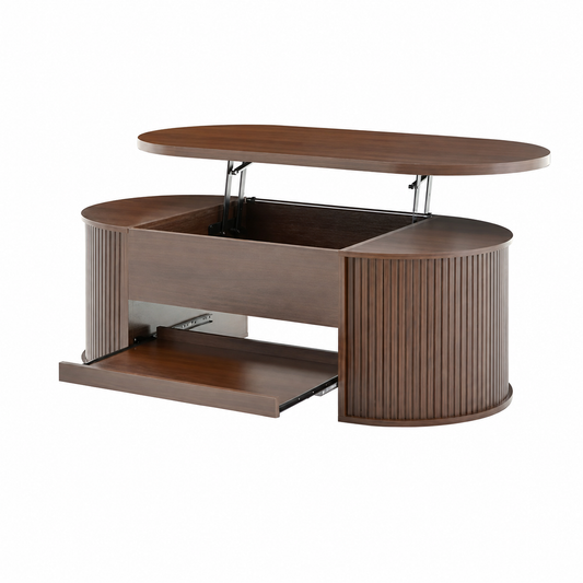 Table Basse Relevable en Noyer Naturel 110 cm – Rangement Caché et Étagère Intégrée